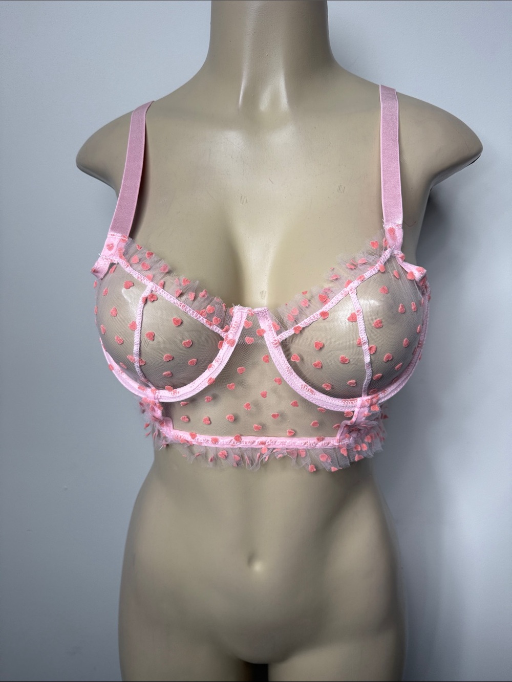 Sheer Pink Polka-Dot Longline Underwire Bra